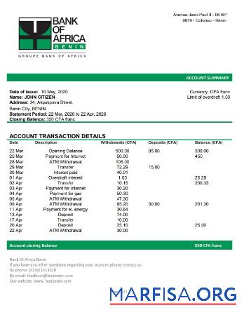 Printable Benin Bank of Africa bank statement word sample